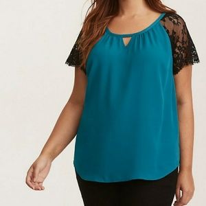 Torrid Teal Lace Shoulder Georgette Top
